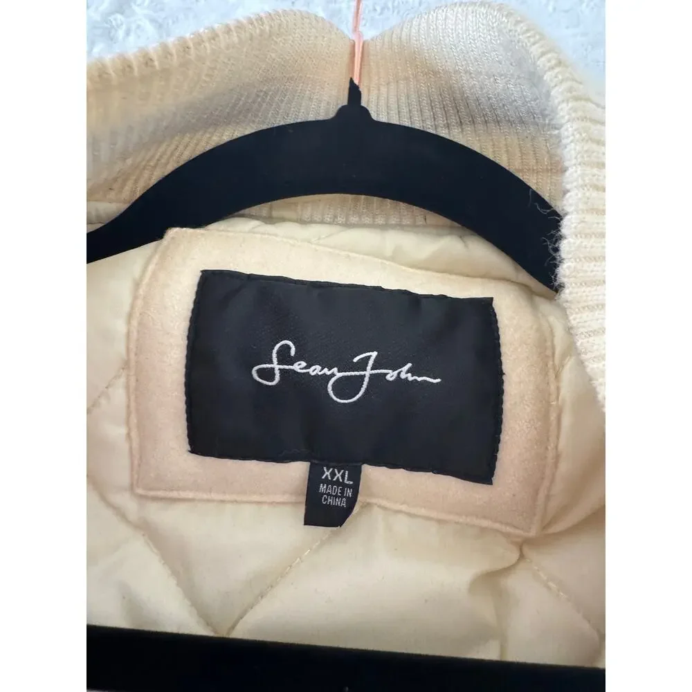 Sean John Men’s XXL Wool Varsity Bomber Jacket Cream Navy Crest